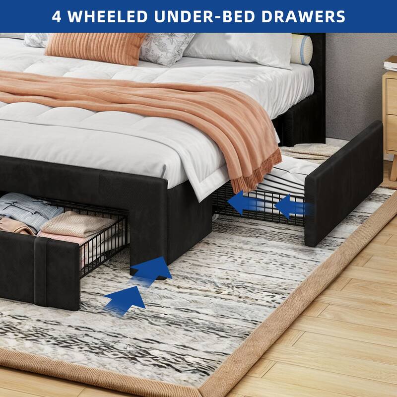 Moasis Velvet Upholstered Platform Bed, Bed Frame with Adjustable Headboard and 4 Storage Drawers