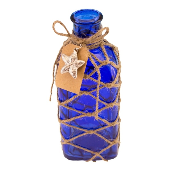 Cobalt Blue Square Bottle with Jute Rope Netting and Starfish Accent