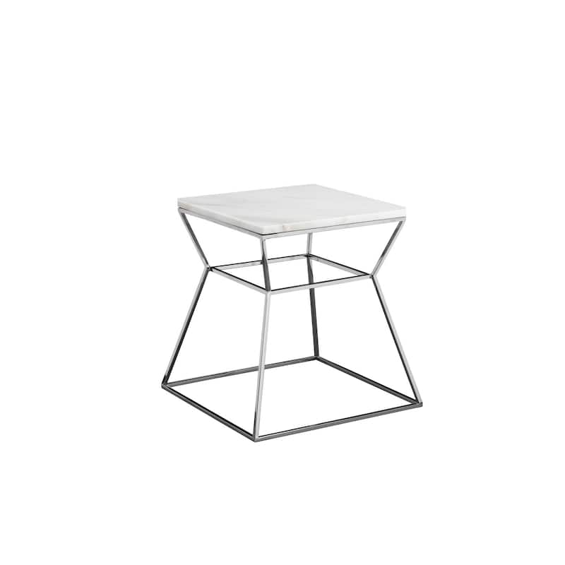 18 in. White and Silver Rectangle Faux Marble End Table, Durable Hourglass Frame