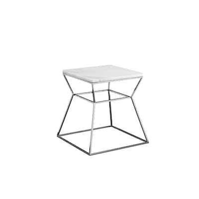18 in. White and Silver Rectangle Faux Marble End Table, Durable Hourglass Frame