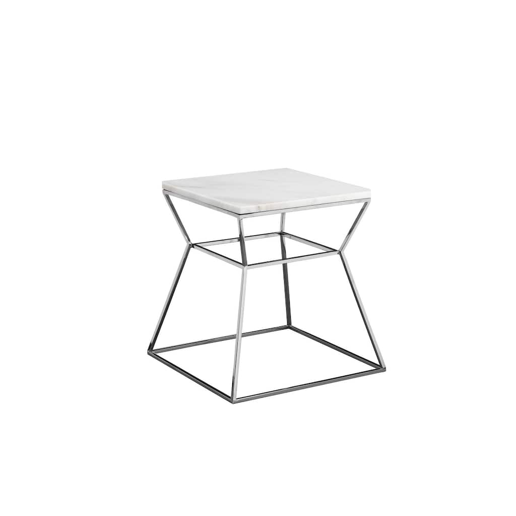 18 in. White and Silver Rectangle Faux Marble End Table, Durable Hourglass Frame