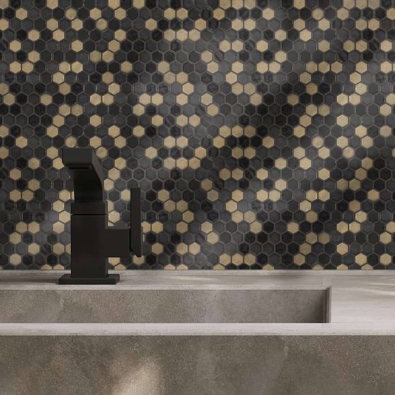 Eterna Hex 1x1 Glass Hexagon Mosaic Tile - Floor, Wall & Backsplash - 4 x 4 Sample - Black & Gold