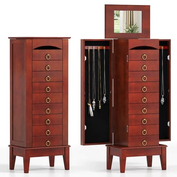slide 2 of 10, Costway Wood Jewelry Cabinet Armoire Storage Box Chest Stand Organizer - 10.5'' X16'' X40'' Brown - 10.5'' X16'' X40''