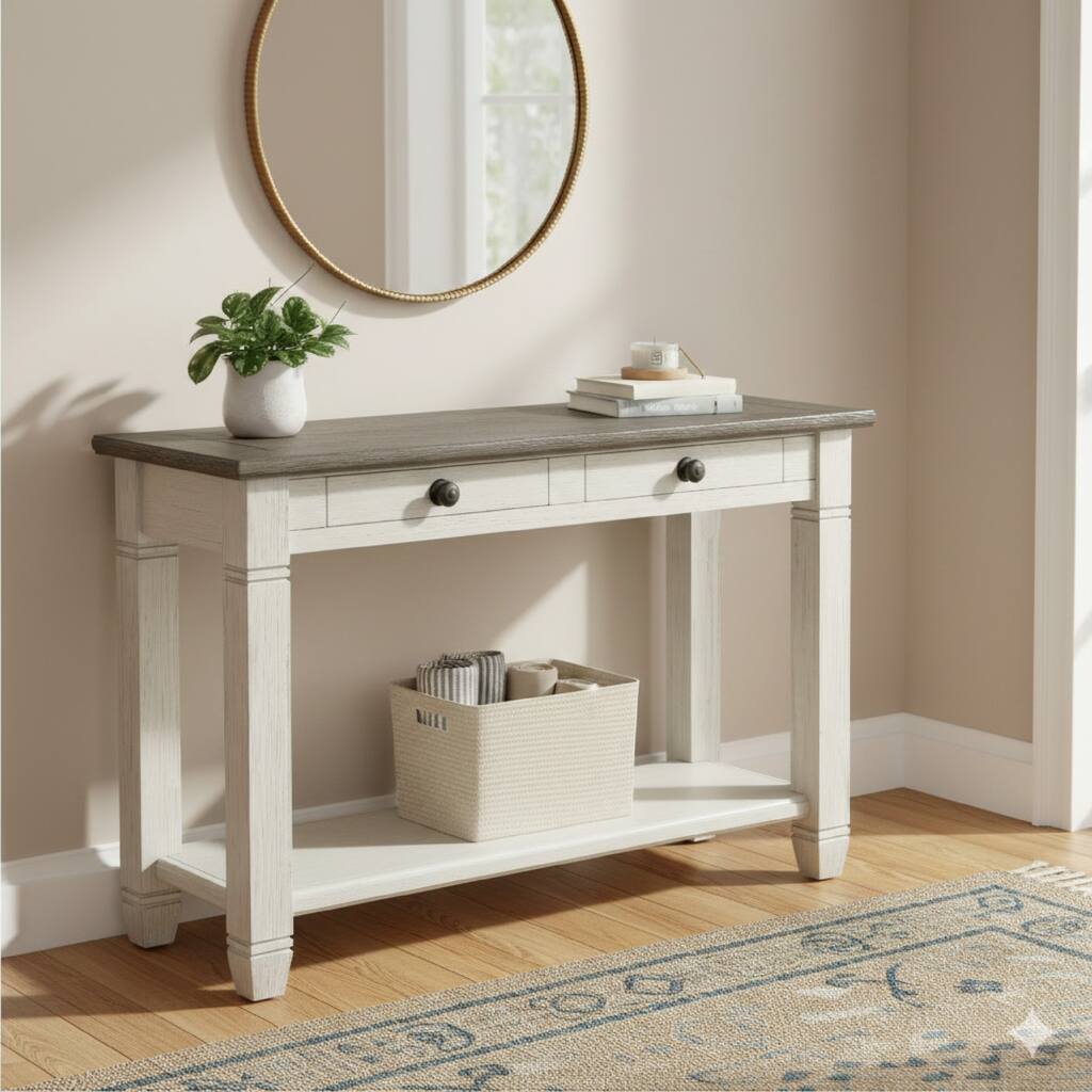 Rome 48 Inch Sofa Table, Rectangular, 2 Drawers, White, Brown, Solid Wood