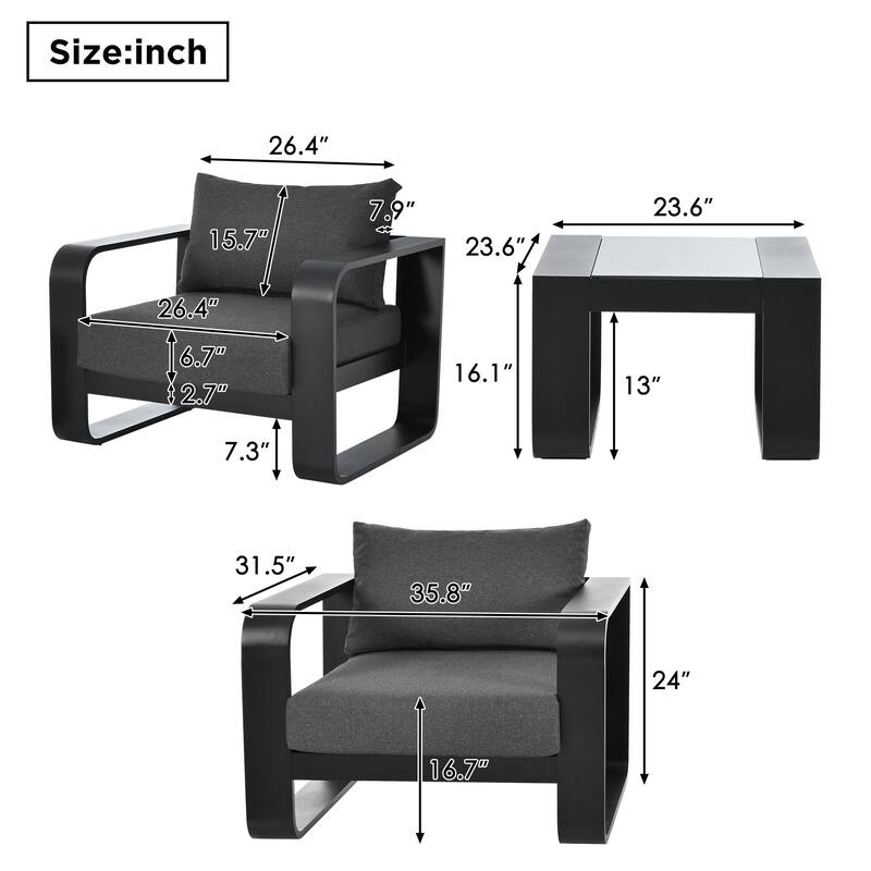 Patio Conversation Set Aluminum Frame With Cushion (Set of 3)