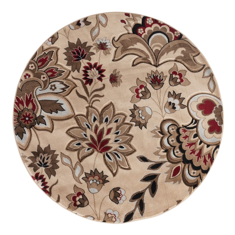 Glamour Collection Floral Area Rug - 5'2'' Round - Cream/Beige