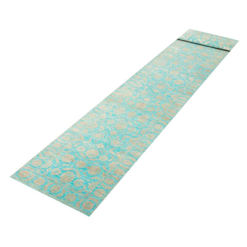 ECARPETGALLERY Hand-knotted Heritage Turquoise Silk, Wool Rug - 2' 7" x 14'