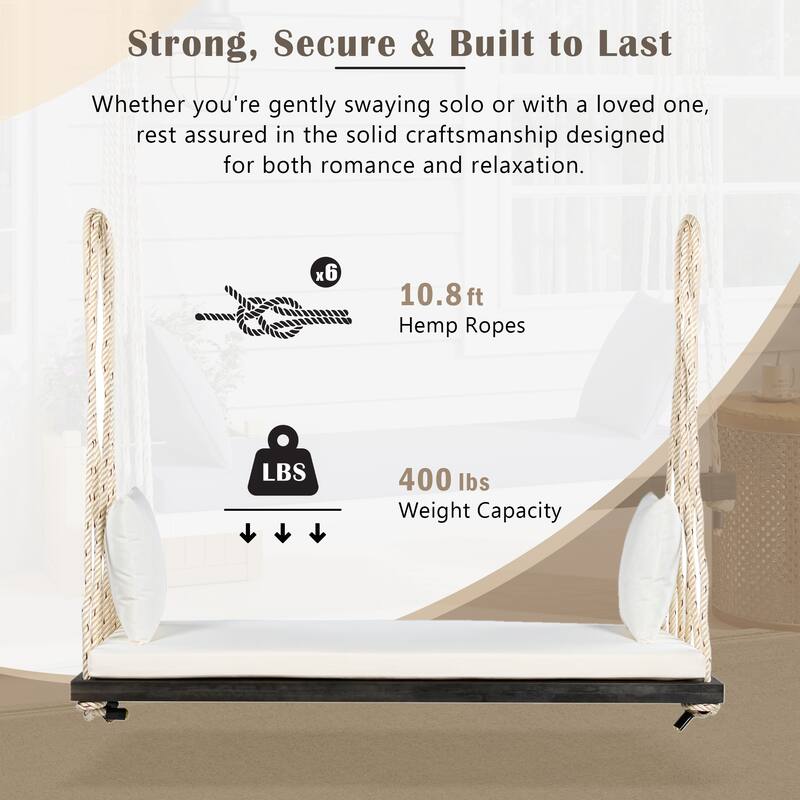 Acacia Wood Swing Chair, Hanging Porch Bench with Cushion & Pillows, 400lb Capacity & 10.8ft Ropes
