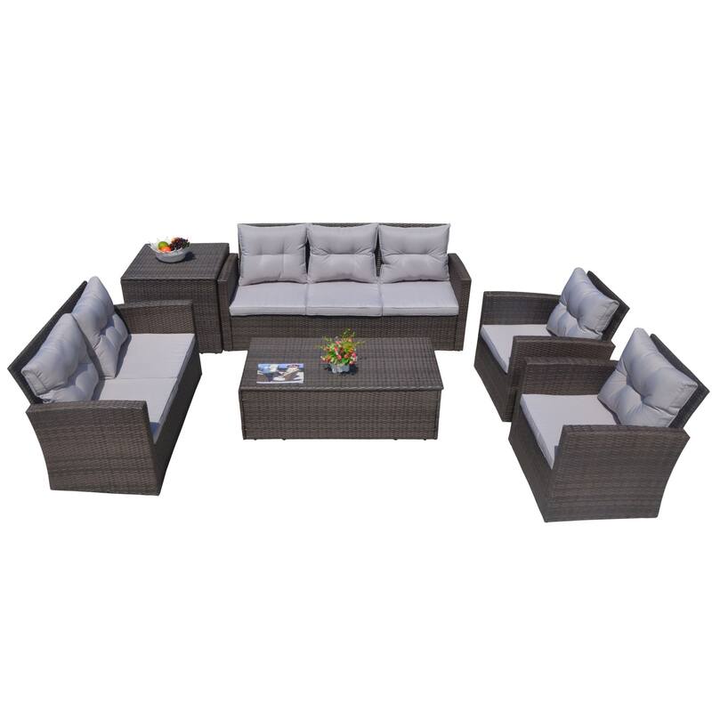 7-Piece PE Wicker Patio Fire Pit Sofa Set with Adjustable Propane Fire Table and Storage Side Tables
