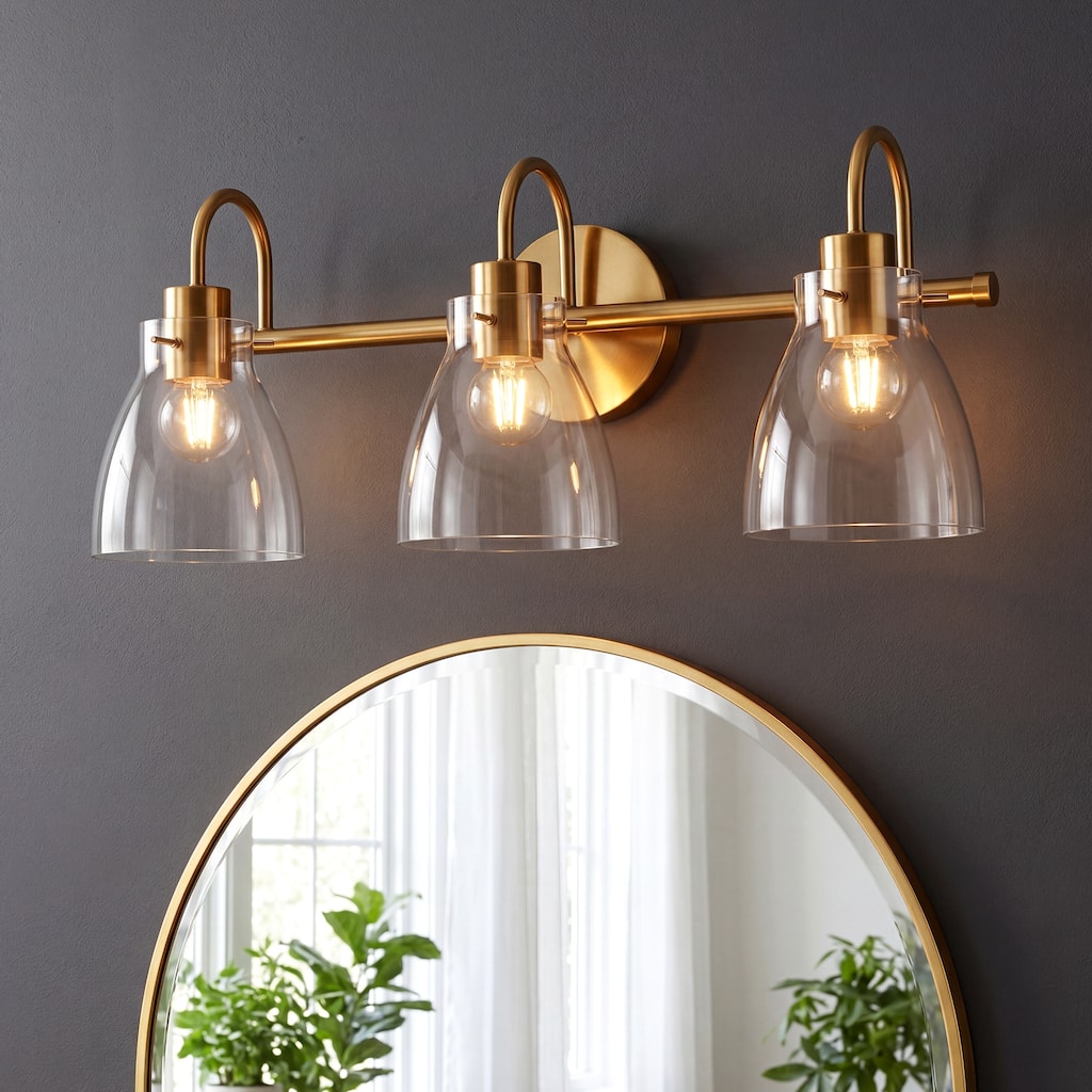 Brushed Brass Metal Glass 3-Light Bathroom Vanity Light