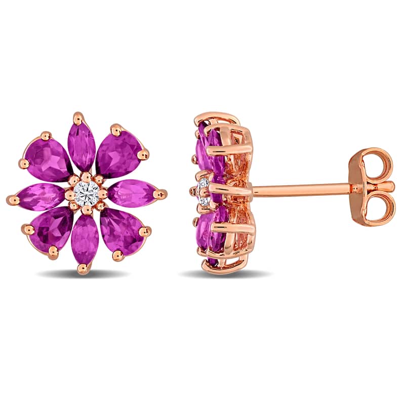 Miadora Multi-Gem Flower Stud Earrings Sterling Silver - Pink