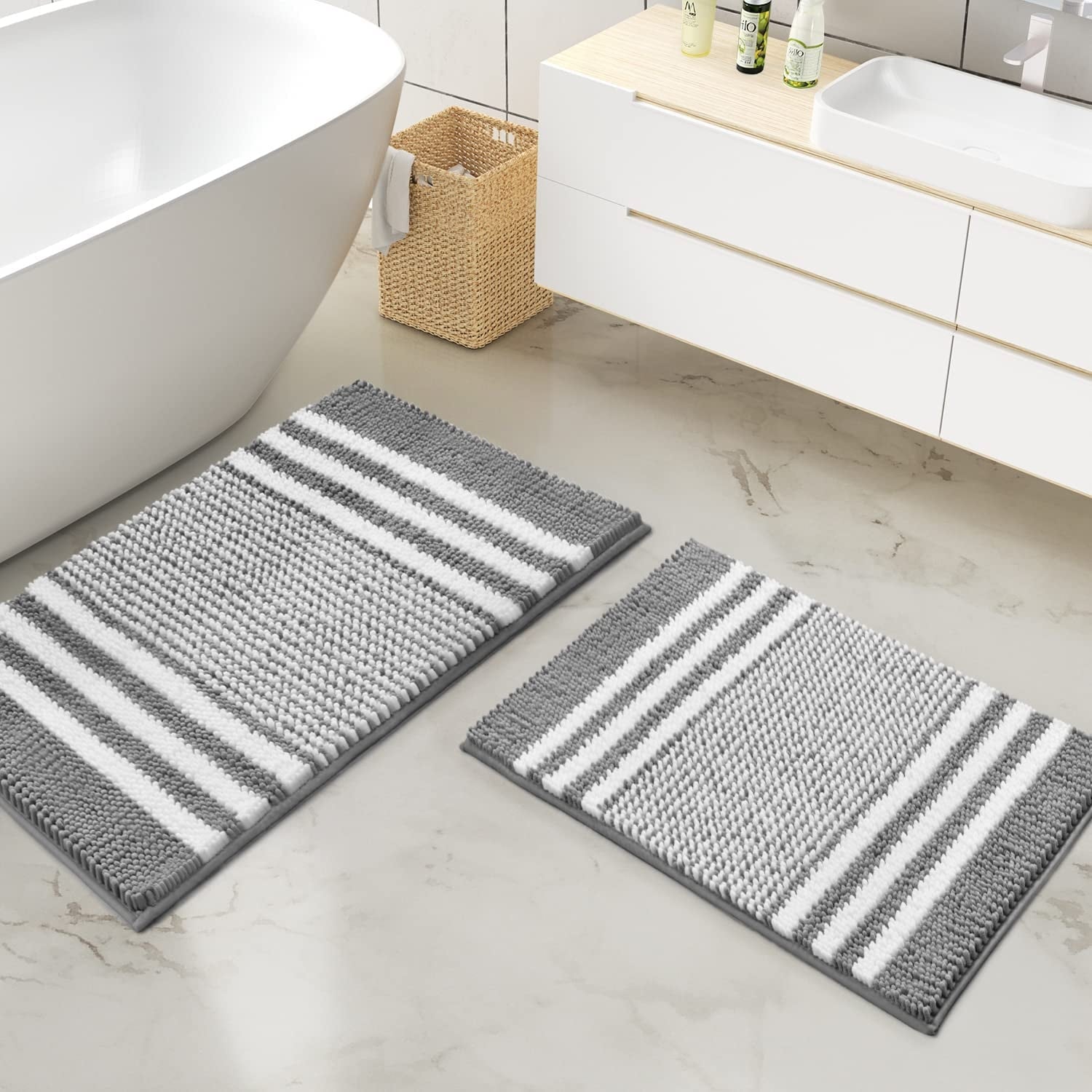 Gray Chenille Striped Bathroom Rug Mat, Luxury Extra Thick and