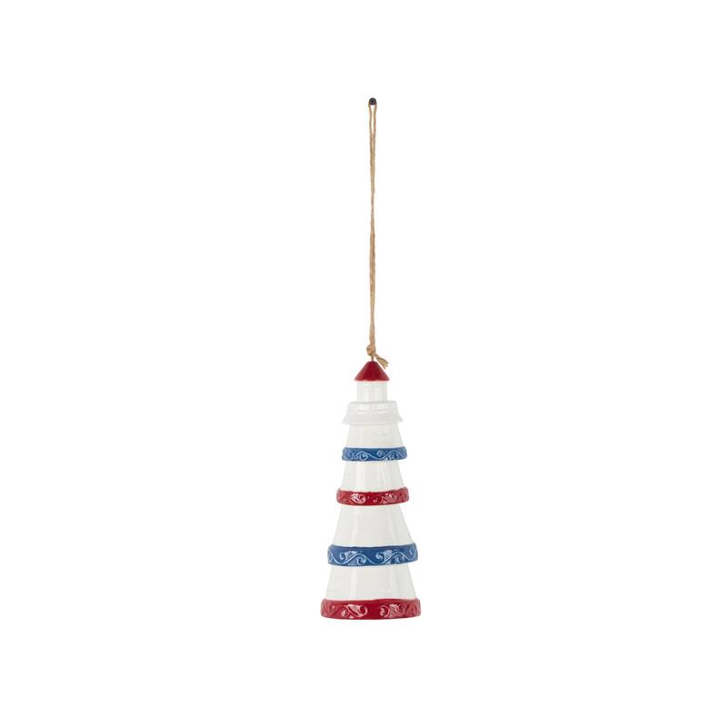 White Ceramic Light House Indoor Outdoor Windchime with Brown Rope and Blue and Red Accents