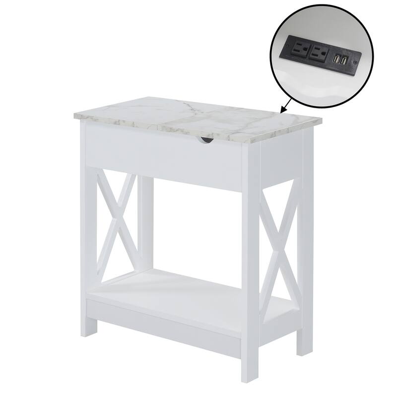 Flip Top End Table with Charging Station and Shelf, USB Ports and Outlets, Modern Chairside Table with Storage and Display