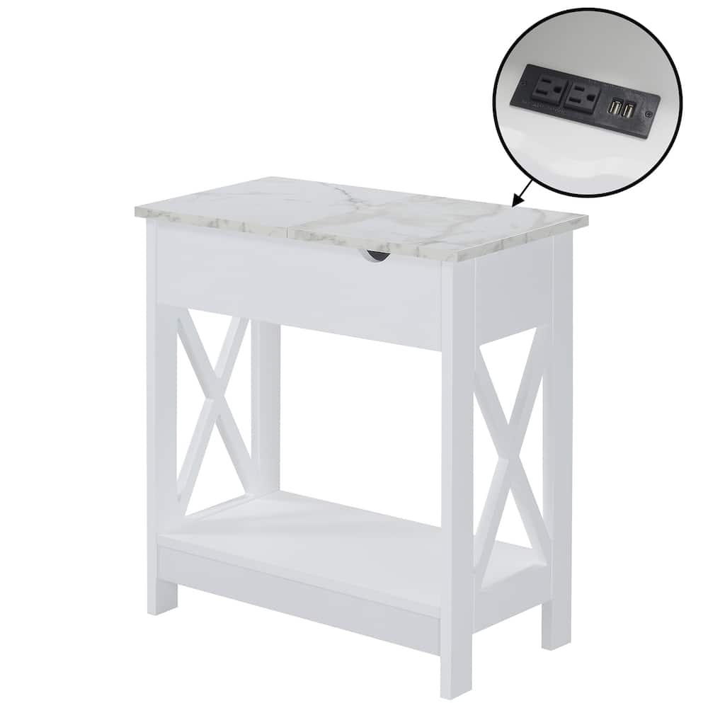 Flip Top End Table with Charging Station and Shelf, USB Ports and Outlets, Modern Chairside Table with Storage and Display