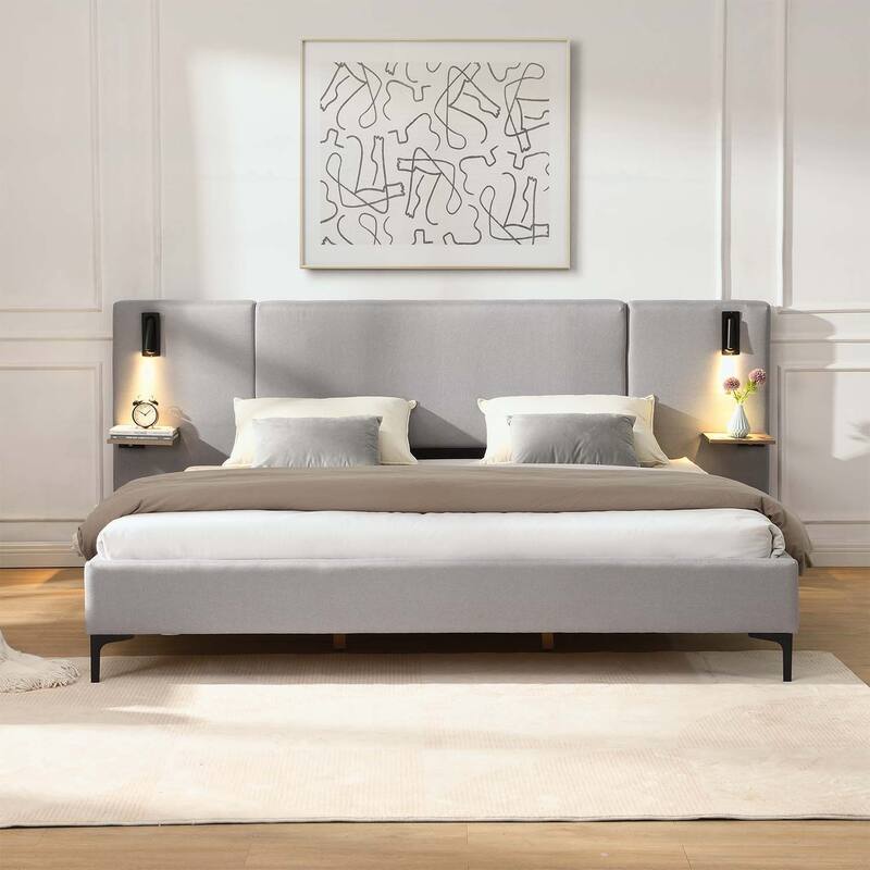 Stylish Design Linen Upholstered Bed with Integrated Lights and Shelves,for Modern and Rustic Interiors