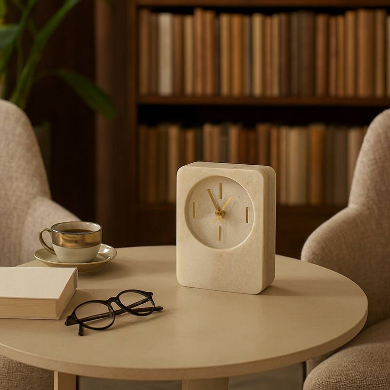 Modern Stone and Marble Clock with Contemporary Design - Beige - Tan - 7.0"