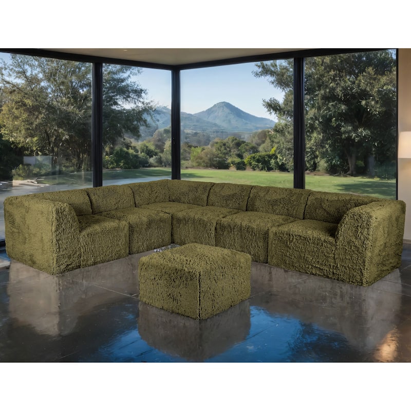Furniture of America Ylena Modern 7-Piece Faux Fur Foam Modular Compressed Sectional Sofa with Ottoman - Olive Green