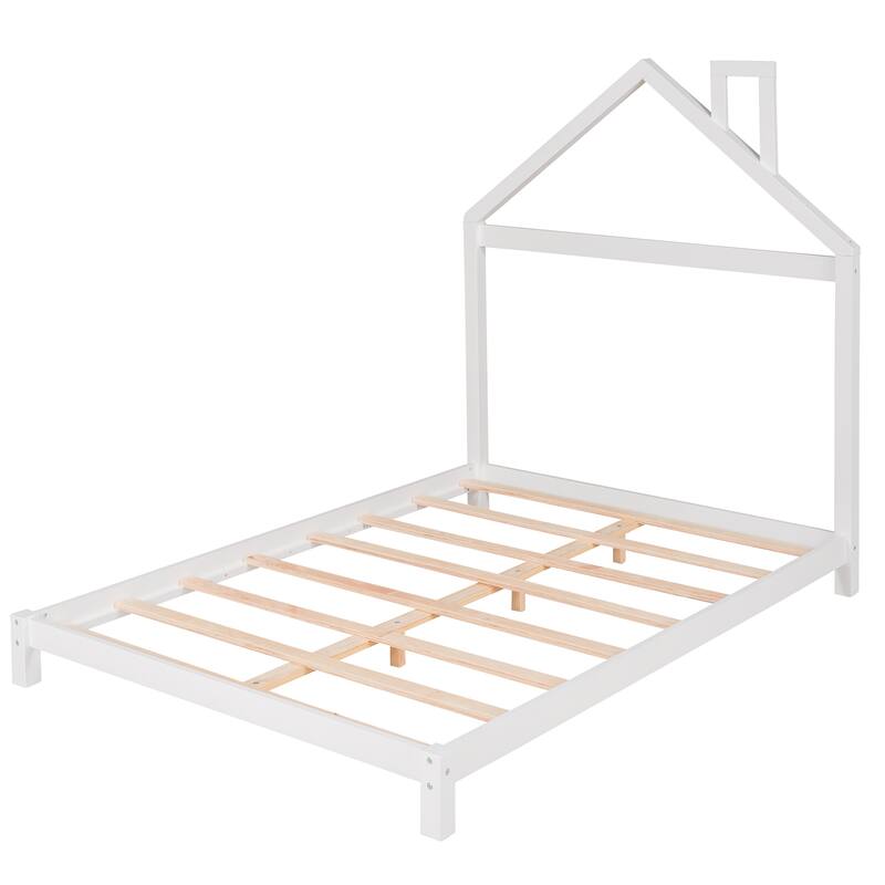 Wood Platform Bed with House-shaped Headboard