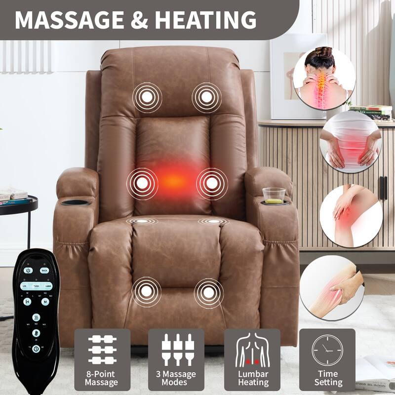 Roomfitters Heavy Duty Power Lift Recliner, PU Leather Massage Chair with Heat, USB Port and Dual Cup Holders