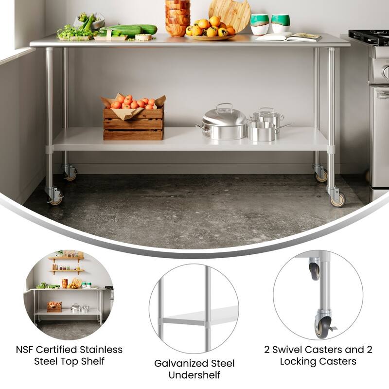 Commercial Stainless Steel 18 Gauge Worktable with Undershelf and Casters