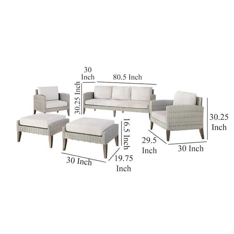 Azy 5pc Outdoor Sofa Set w Stools and Chairs, Woven Gray Frame, Taupe
