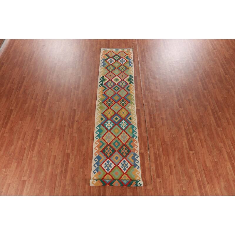 Hand Woven Oriental 100% Wool Carpet Southwestern Geometric Multi-Colored Kilim Runner Rug - 16' 2'' X 2' 9''