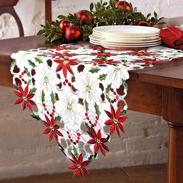Holiday Table Top Decorations Approximately 13 W x 70 L Red Poinsettia with Filigree Design BANBERRY DESIGNS Christmas Table Runner Woven Tapestry Table Topper