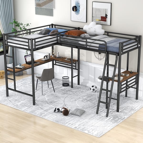 slide 2 of 9, L-Shaped Twin Size Metal Loft Bed with Dual Built-In Desks Black