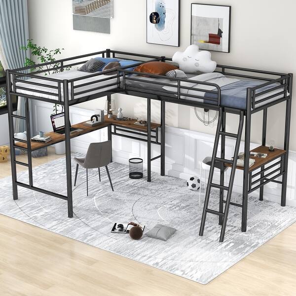 slide 2 of 13, Twin Size Metal Loft Kids Bed with Two Built-in Desks, Full-Length Guardrails, Space-Saving L-Shaped Design For Bedroom, Black Black