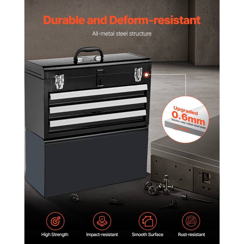 20.5 Inch Black Metal Portable Toolbox with 3 Drawers and Built In Lock Hole - 20.5 x 8.6 x 12 in