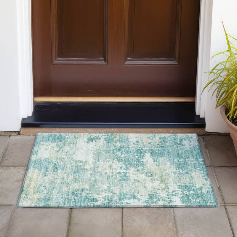 Machine Washable Indoor/Outdoor Contemporary Blend Chantille Rug - Teal - 1'8" x 2'6"