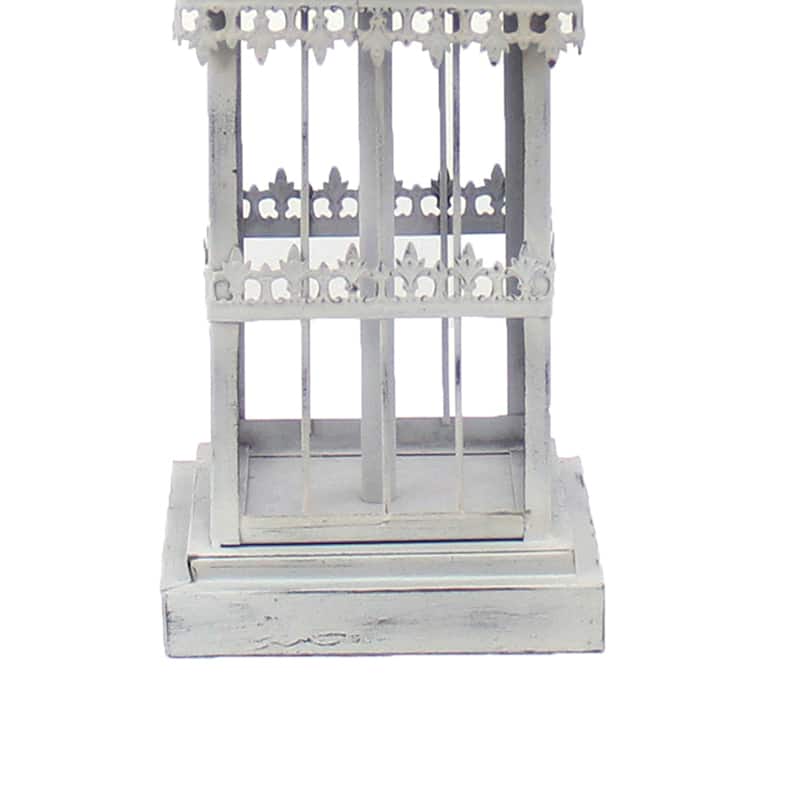 Metal Temple Design Base Table Lamp with Fabric Shade, Beige and Gray