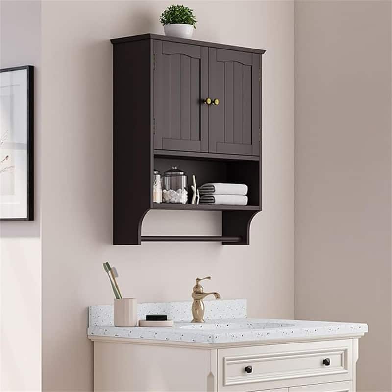 Bathroom Wall Cabinet - 7.5"D x 22.4"W x 27.6"H - athroom Wall Cabinet With Towel Rack-brown