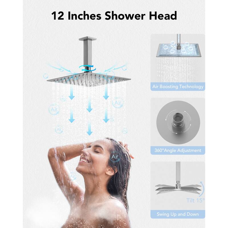Pressure-Balanced Rainfall Shower System with LCD Display, 12" Ceiling Mount Shower Faucet Set with Body Jets