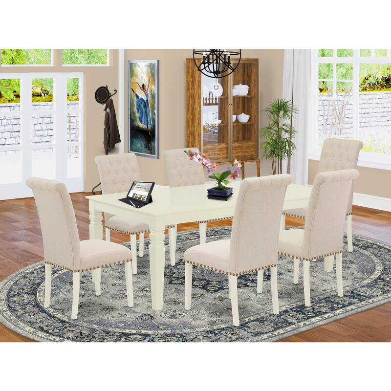 7Pc Dinette Set - Rectangular Kitchen Table with Leaf & 6 Parson Chairs - Linen White & Beige - 84