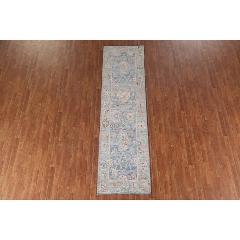 Hand Knotted Oriental 100% Wool Carpet Transitional All-Over Navy Blue & Blues Oushak Runner Rug - 9' 11'' X 2' 8''