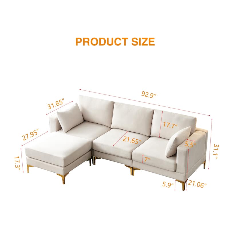 92'' Fabric L-Shape 3-Seater Sofa with Ottoman, Gold Metal Legs, and Toss Pillows
