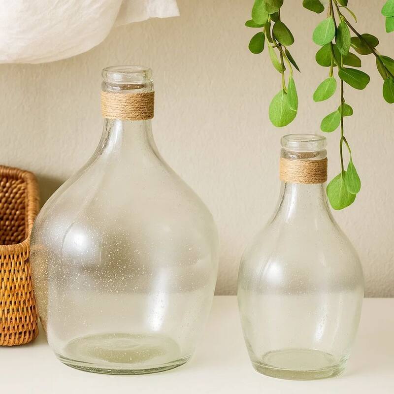 Vase with Bottleneck and Rope Accent, Set of 2, Clear