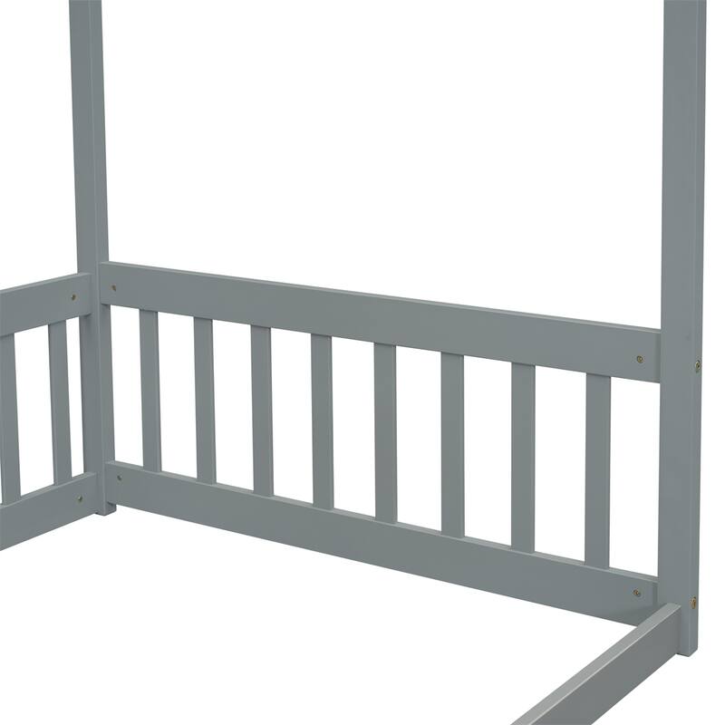 Twin Size Canopy Frame Floor Bed with Fence,Guardrails