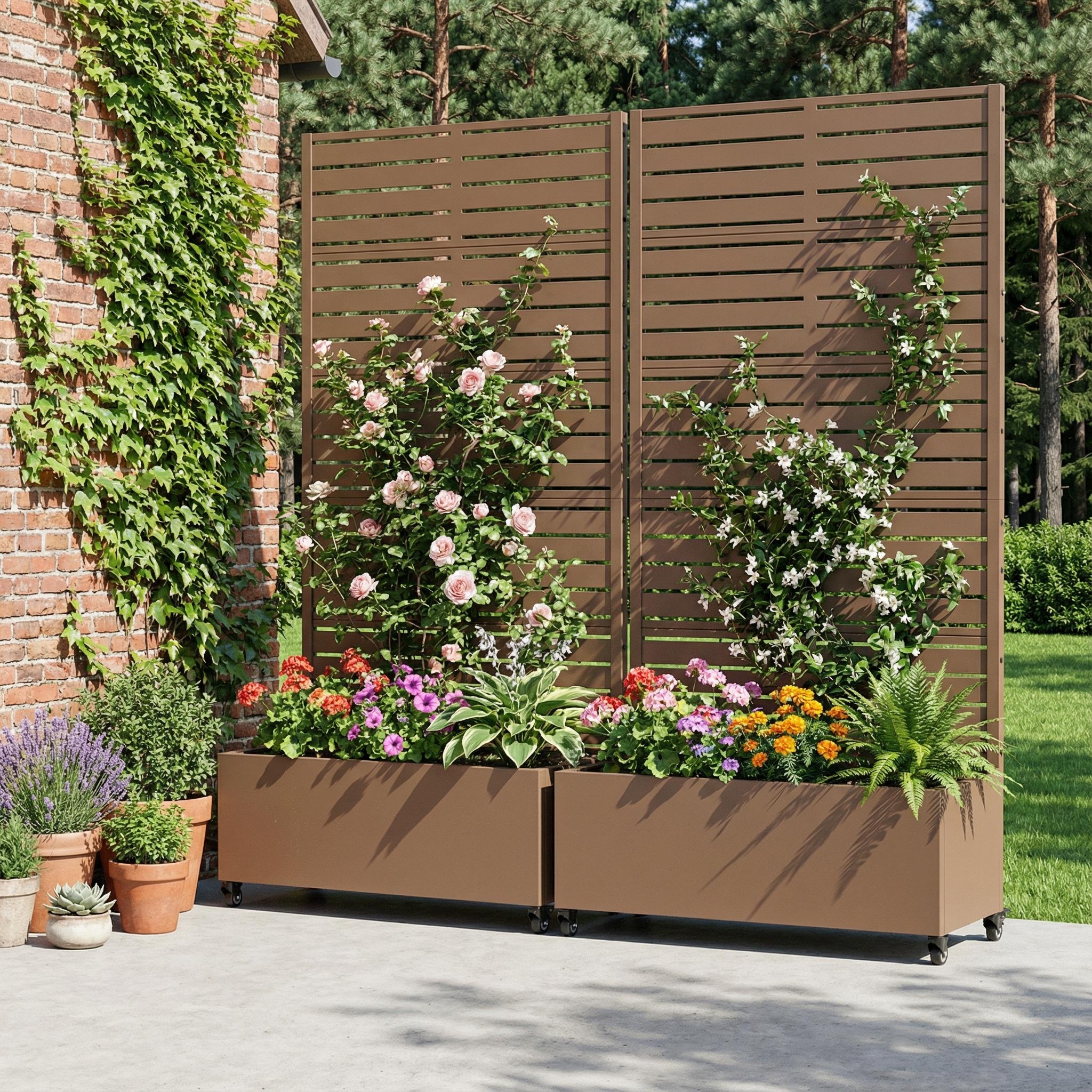 Metal Planter Box with Trellis Privacy Screen Planter Box with Lockable Wheels Set of 2 - Brown - 72"x35"