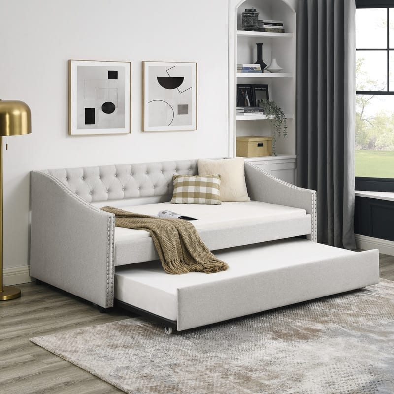 Upholstered Twin Daybed with Trundle,Polyester Fabric Sofa Bed with Button Tufted for Living Room,Bedroom