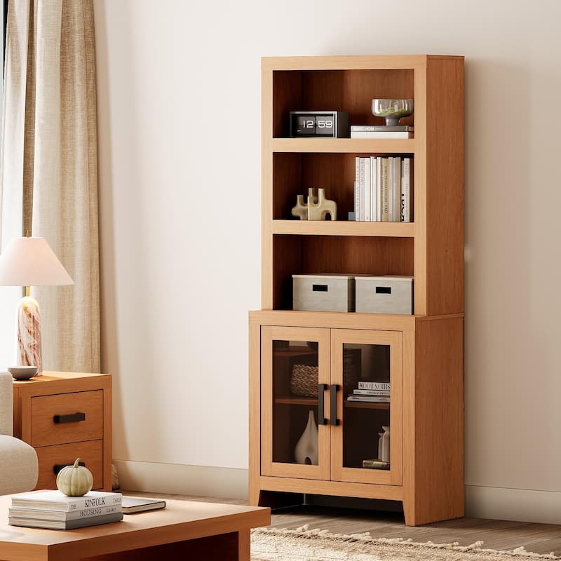 WAMPAT 3 Tier Bookshelf with Glass Door, 74" Tall Bookcase with Adjustable Shelf and Storage Cabinet, Farmhouse Wooden Bookshelf