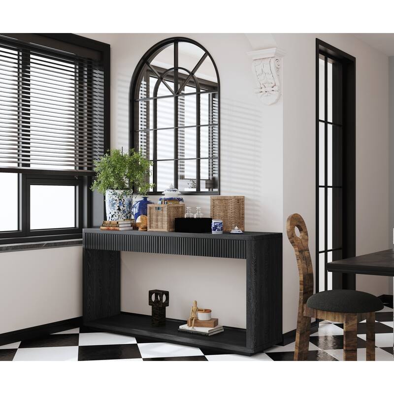 60" Modern 2-Drawer Fluted Console Table Natural Wood Veneer Sofa Table Behind Couch Table for Living Room, Hallway, Entryway