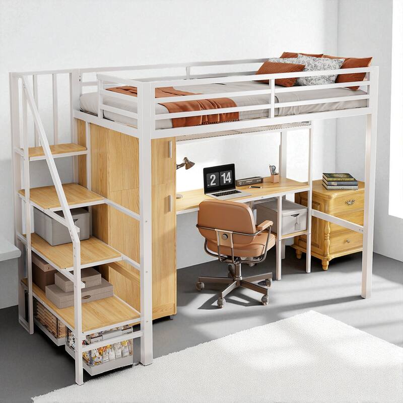 Metal Twin Loft Bed with Desk, Wardrobe, Shelf, and Storage Staircase, No Box Spring Needed - White - Twin