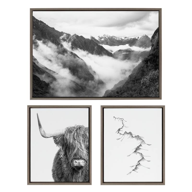 Kate and Laurel Sylvie Cow, Mountains, and Inca Trail Framed Canvas - 3 Piece - Plastic - Grey