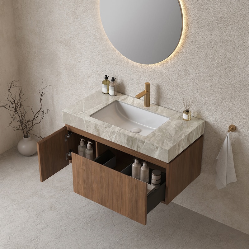30"/36"/48" Wall-Mounted Bathroom Vanity with Ceramic Sink, Sintered Stone Countertop Floating Bathroom Storage Cabinet