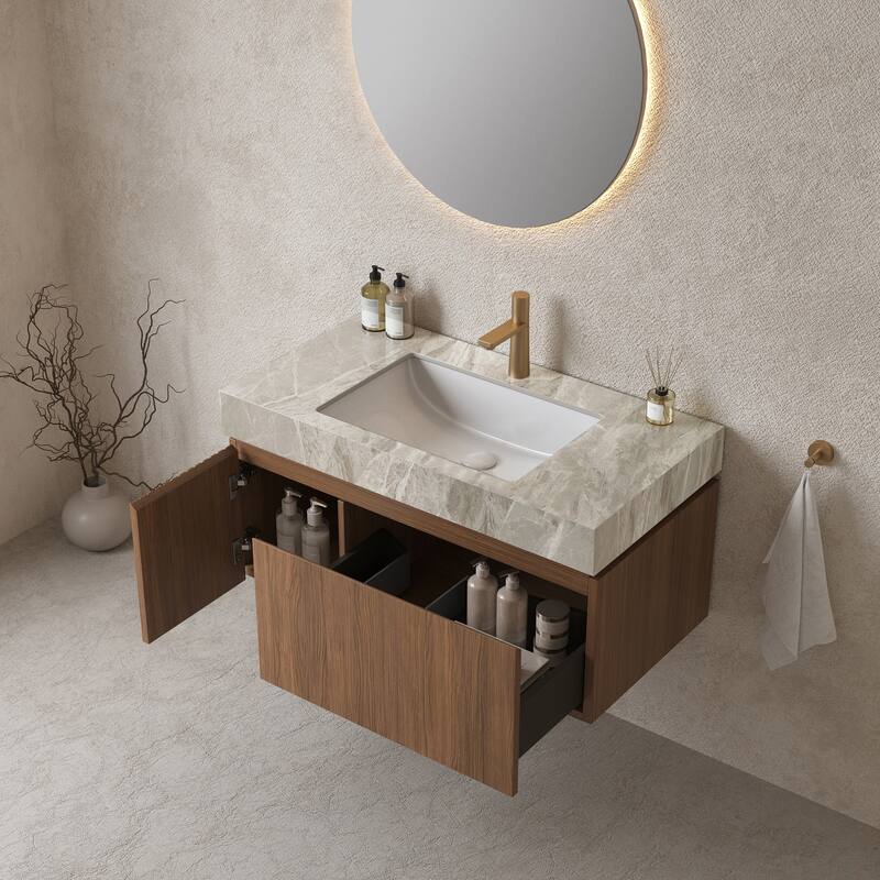 GDFStudio - Muri 36" Floating Bathroom Vanity with Light Gray Sintered Stone Countertop & Basin, WITHOUT Faucet - Brown Oak