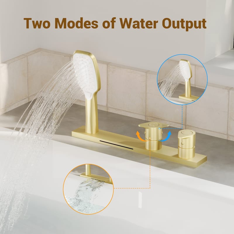 Bathtub Faucet Pressure Balanced 2-Handle Deck-Mount Waterfall Roman Tub Faucet with Handheld Shower Valve Included
