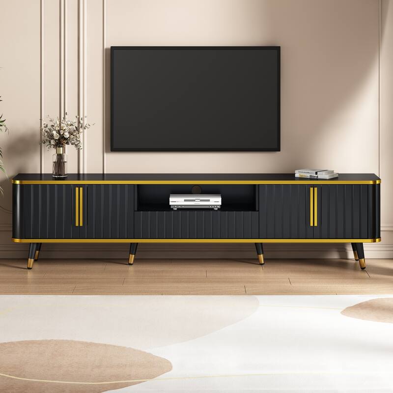 Elegant 79-Inch TV Stand with Ample Storage, Golden Elements, and Sleek Design - Ideal for Large Living Spaces.